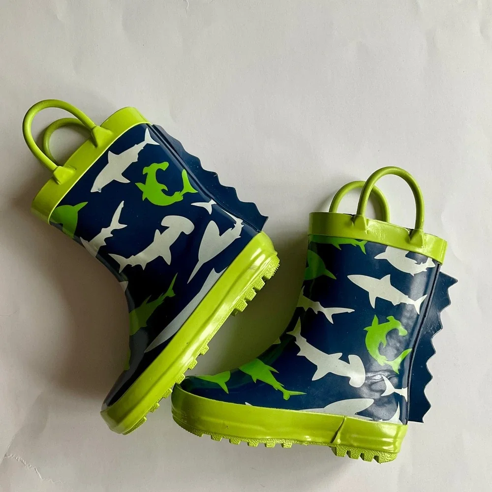 Kids Shark Print Rubber Rain Boots Blue Green 3D Fin Size 6 Waterproof Unisex